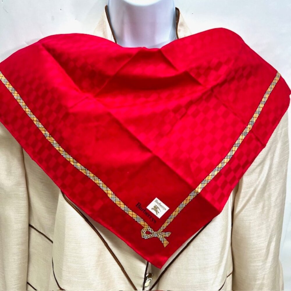 Vintage Red Women's Silk Scarf - Classic Plaid Trim